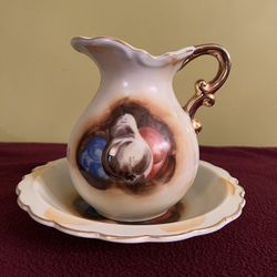 Vintage Artmark miniature porcelain pitcher and basin bowl set, hand-painted with a fruit motif and featuring gold trim.  