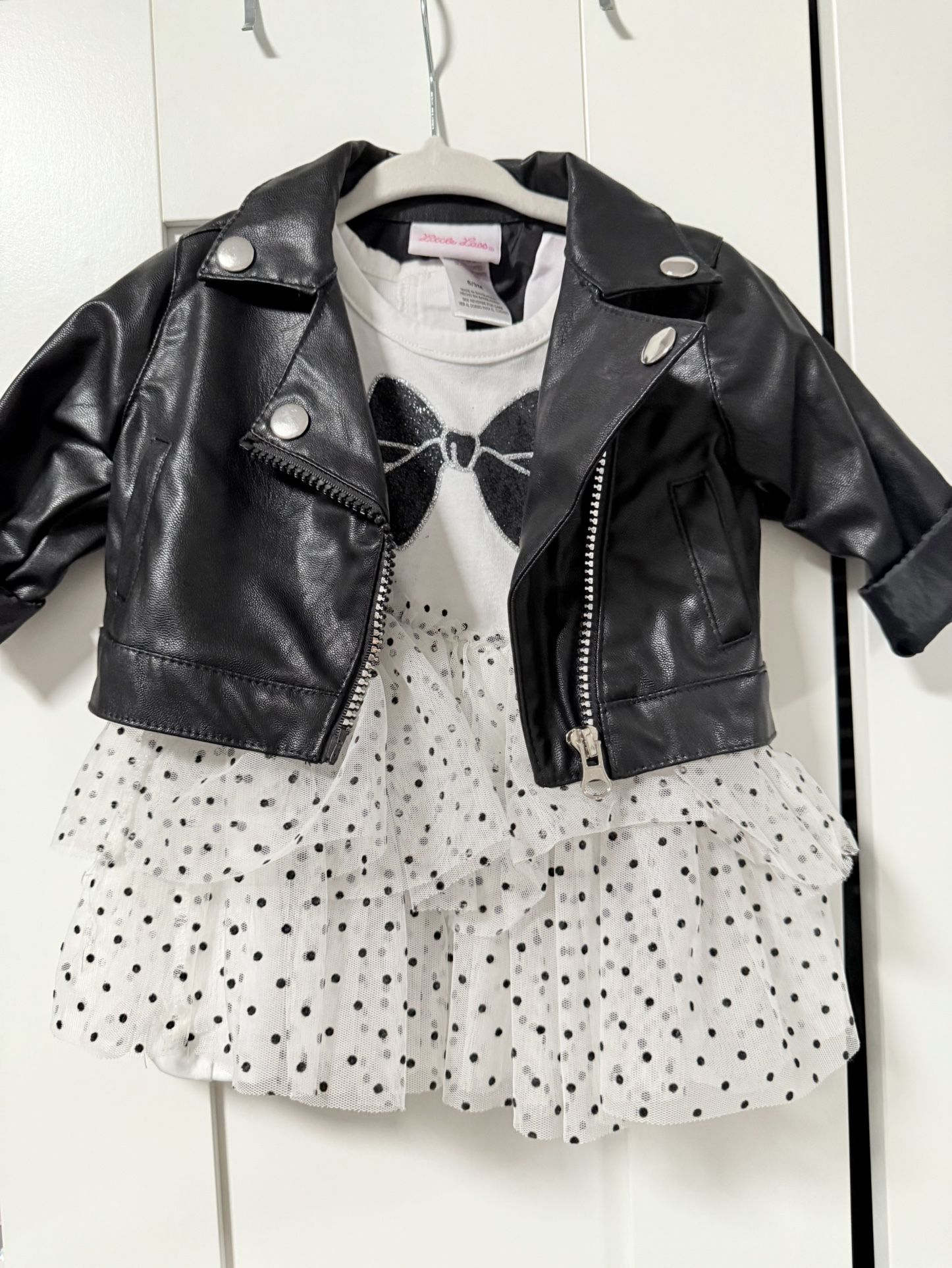 A.L.C. Black Faux Leather Jacket with White Bow Tie Shirt. 3-6M