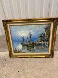 A vintage nautical fishing boat scene oil painting signed by the artist "Marvik”