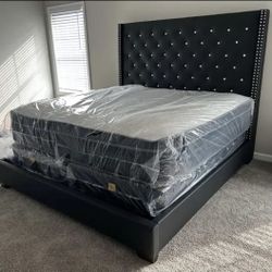 Tall Headboard Black Tufted Upholstered King & Queen Size Bed Frame | Same Day Delivery