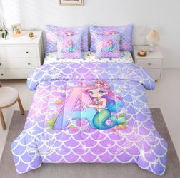 Mermaid Fish Scales Twin Comforter Set with Sheets for Kids Boys Girls Personalized Initial A 7 Pieces Bedding Set Rainbow Ocean Sealife Bed in a Bag 