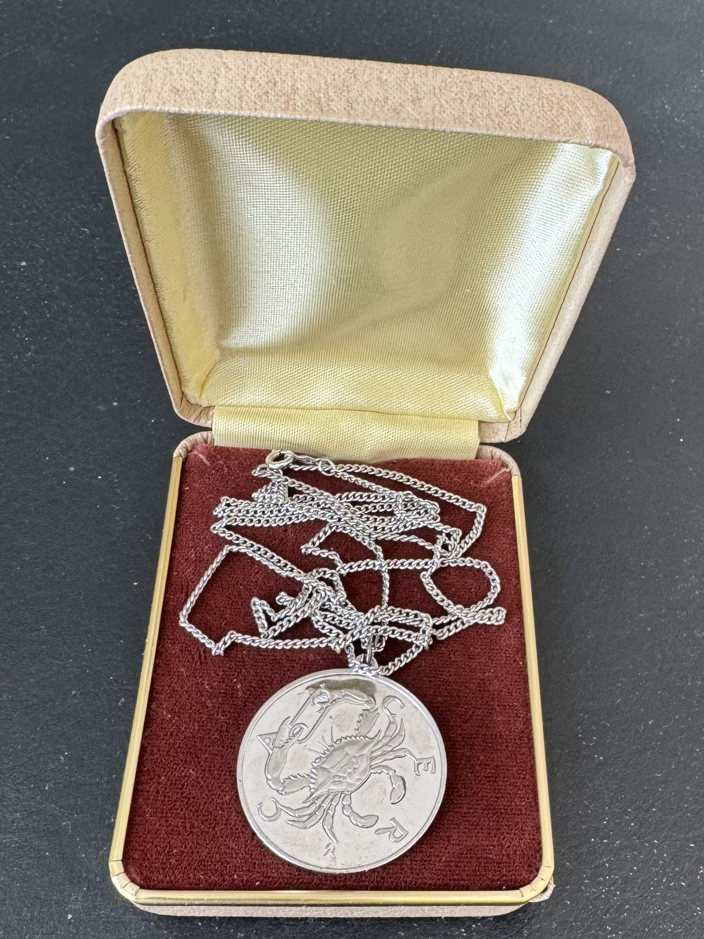 Sterling Silver Necklace, 30” Long, 1/16” Wide With Zodiac Cancer Pendant In 1 1/4” Diameter, Weights 21 Grams