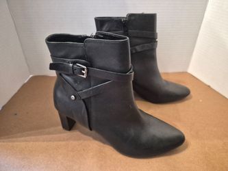 Lauren Ralph Lauren Black Leather Ankle Boots Women 6.5B Buckle Block Heel