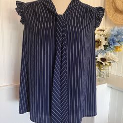 Faith & Joy Blue Striped Ruffle Sleeve Tie Blouse