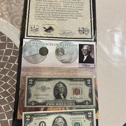 Jefferson Two Dollar Bills And Five Cents (4 pieces) with certificate