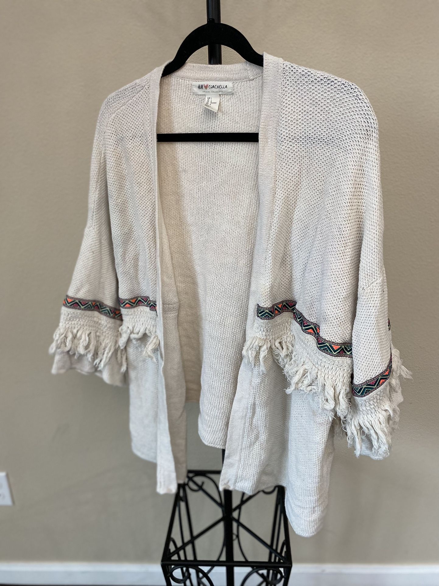H&M x Coachella Collab Boho Cream Ivory Fringe Open Sweater Cardigan