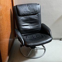 Vintage IKEA Stressless Style Black Leather Lounge Chair & Ottoman