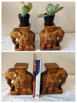 Vintage Pair of Elephant Chinoiserie Ceramic Glazed Garden Plant Stands Book Ends With Red Felt Bottoms. See Details