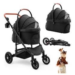 Pet Stroller with 4 Wheels, Foldable Pet Travel Carrier for Small/Medium Dogs Cats up to 50lbs, Detachble Portable Pet Bag, Storage Basket, Car Seat 3