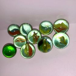 Vintage Cat’s Eye Marbles Lot (10) Green/Aqua Swirl Shooter Mix