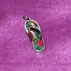 Silver Summer Flip Flop Shoe Necklace Charm Pendant Tropical Palm Tree Hibiscus Blue Pink Green Zirconia