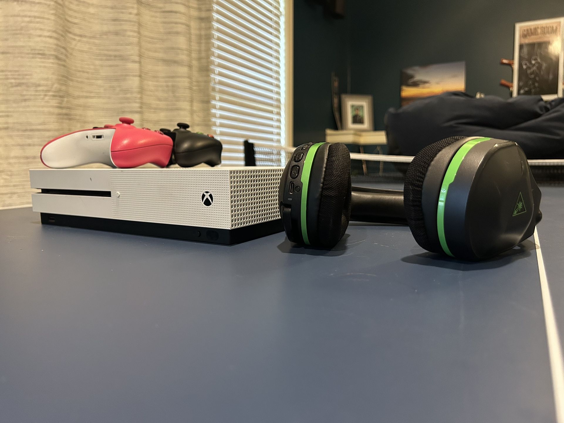 Xbox One S With Two Xbox Controllers And A Turtle Beach Gen Two Headset