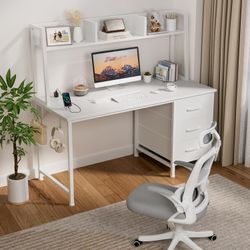 White Computer Desk with Hutch & Drawers - Office Desk with 3 Storage Drawers and Power Outlets, 47 Inch Modern Study Writing Desk for Bedroom Home Of