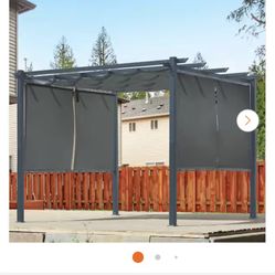 10 ft. x 10 ft. Gray Aluminum Frame Patio Pergola with Gray Retractable Shade Top Canopy and 4-Pieces Roller Shade