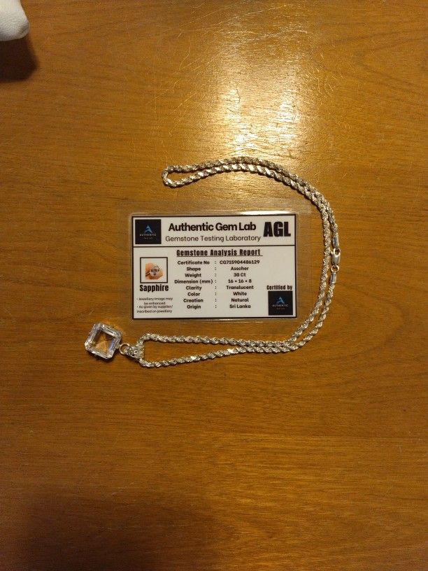 30 CT Translucent White Natural Sapphire Set In Antique Silver And Solid Silver Chain With Agl Gem Analysis Report