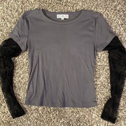 Juniors grey shirt with black lace sleeves- size M