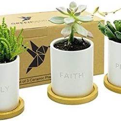 Family Faith Prayer Ceramic Pots - 3.5 inch White Mini Succulent Cactus Planter Pot w/ Bamboo Tray & Drainage Hole - GreenMind Design Laser Engraved S