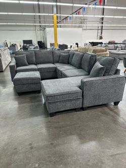 5-Piece Sectional Set LAF Loveseat W/USB Ports + RAF Loveseat W/ Reversible Chaise + Corner Wedge + Armless Chair + Cocktail Ottoman  Color: Slate Gra