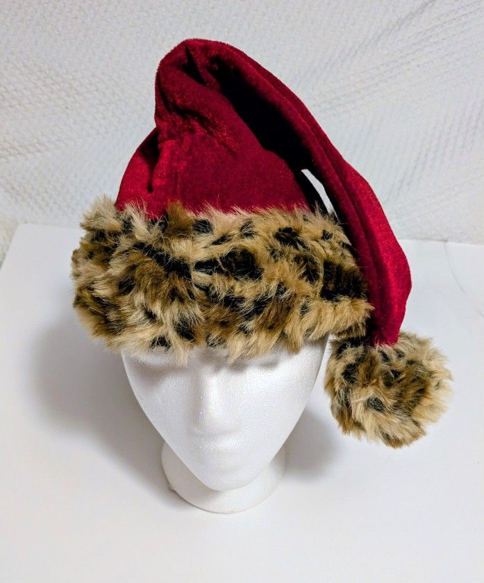 Hat Christmas Santa Hat Red And Brown Faux Fur Trimmed 17" Length 12" Width