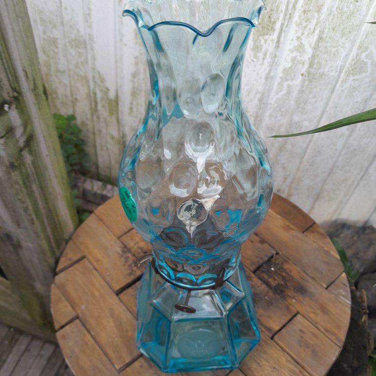 FOSTORIA ELEGANT BLUE GLASS  "COIN"  LAMP with ORIGINAL GLOBE