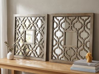 Offers Accepted - Pair (Set of 2) of Decorative Framed Mirrors with Geometric Cutout Overlays