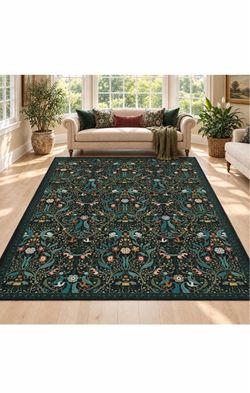 Warmstar 8×10 Area Rug for Living Room,Washable Large Area Rug Non-Slip TPR Backing, Forest Botanical Pattern Faux Wool Low Pile Vintage Botanical Car