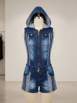 Hooded Denim Romper with Zip Front