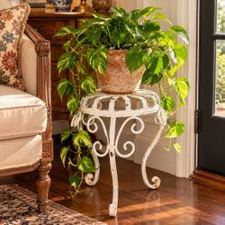 Vintage Cream Ornate Metal Plant Stand Grandmillennial Charming French Country Iron Plant Riser 15”H Table Display French Cottage Sturdy Ornate 