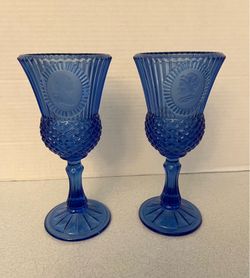 Vintage Avon by Fostoria Glass Candle Holder Cobalt Blue MARTHA & GEORGE WASHINGTON 1976, Set of 2 -  | Buy at Parsimony ShoppesOpen media 1 in modal