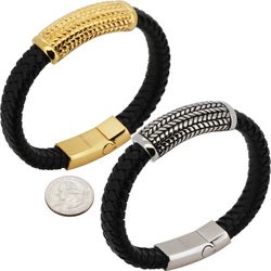 316L Stainless Steel 18k Yellow Gold Plated 16mm Braided Leather Bracelet 8.5”