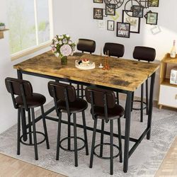 7 Piece Dining Table Set, 6 People Bar Dining Table Set with 6 PU Leather Chairs, Counter Chairs, Space Saving Bar, Counter Dining Table and Chair Set