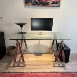 Mid-century Modern Glass Top Desk with Chrome Metal Legs 54”L x 30”W