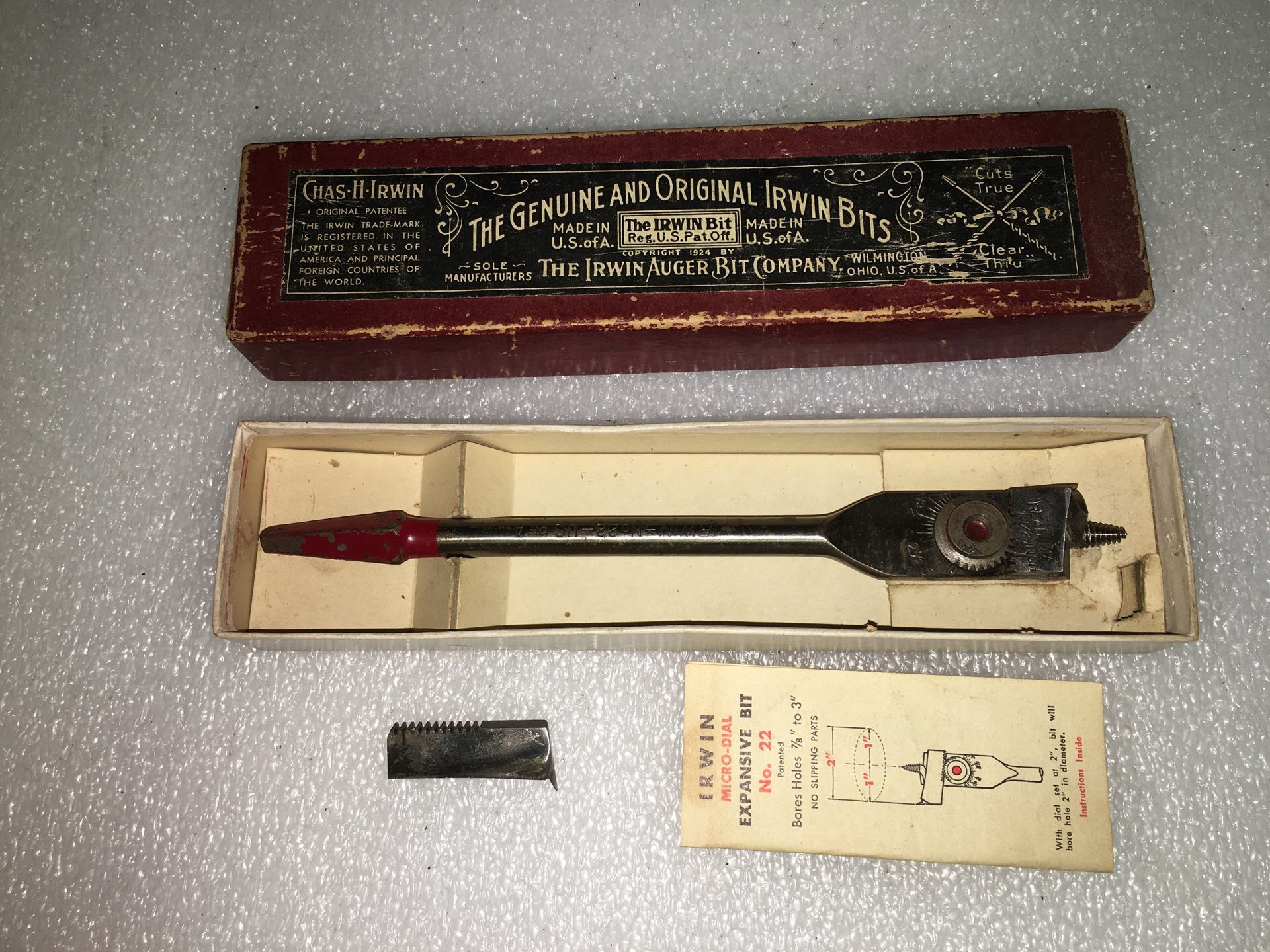 Vintage Irwin Tool and Bits Bore 7/8” - 3" Genuine Original Box No. 22
