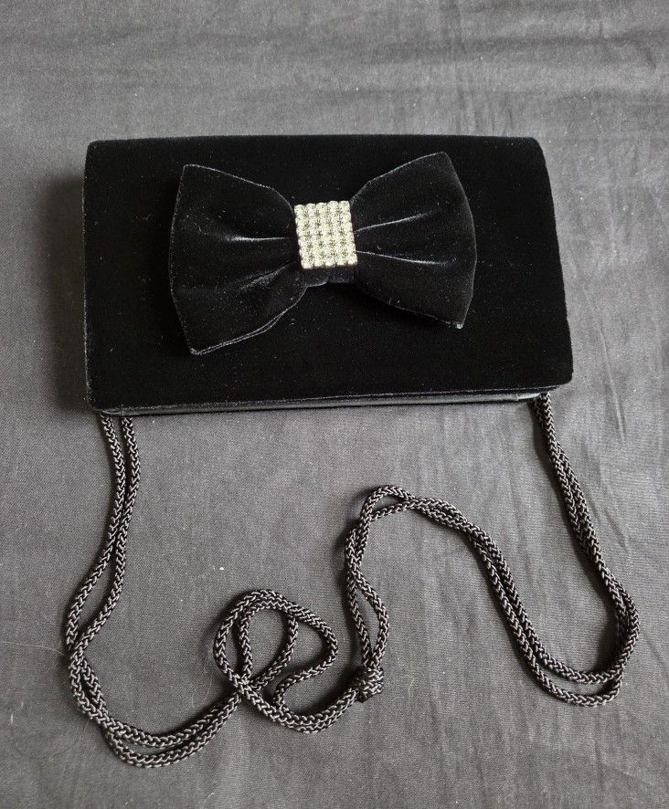 Vtg Carolyne Barton Velvet & Rhinestone Evening Purse Black 9"X5.5" Bow Design