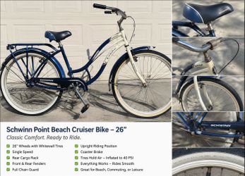 Schwinn Point Beach 26” Cruiser Bike | Whitewall Tires | Rear Rack
