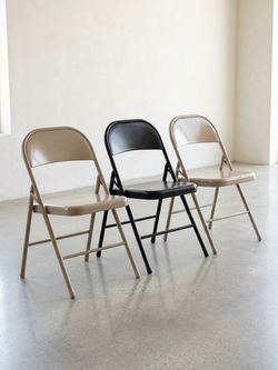 Set of 3 Metal Folding Chairs - Tan & Black - Sturdy & Clean