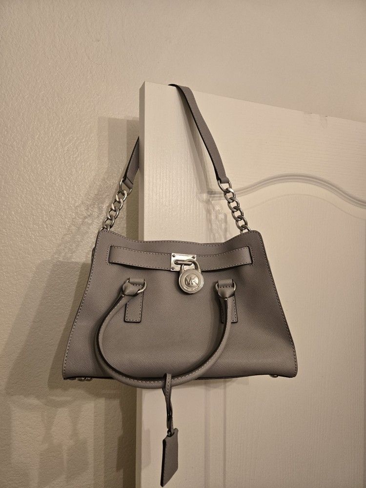 Michael Kors Hamilton Large East West Saffiano Leather Satchel Purse DOVE GREY/ SILVER