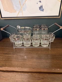 Mid-Century Silver Rim Bar Glass Set with Caddy
