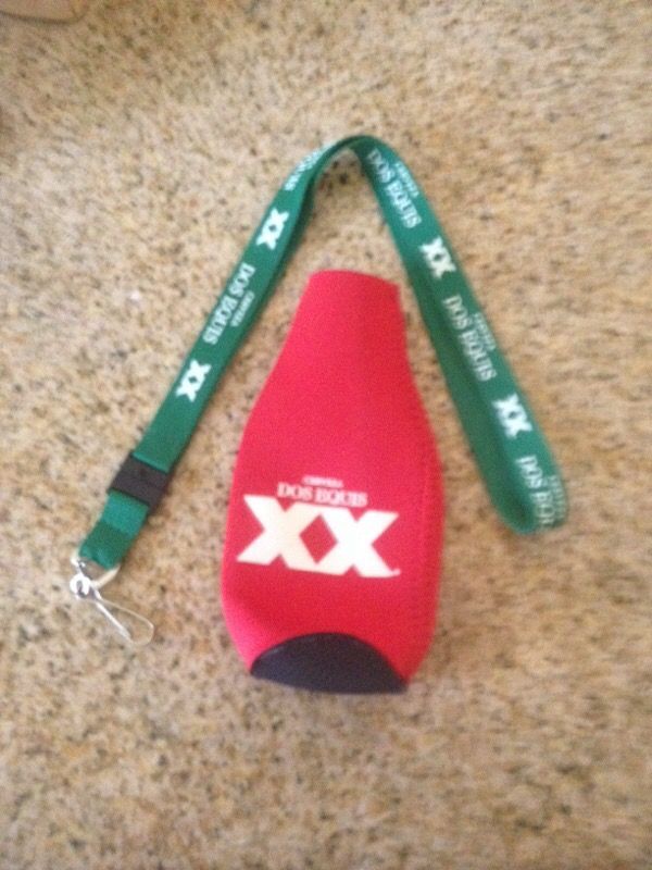 Dos XX beer bottle koozie and lanyard