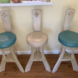 3 Vintage Wood Bar Stools Blue Beige Very Unique