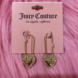 👑 New Beautiful Girly Juicy Couture Gold Puffy Heart Safety Pin Earrings with Silver Rhinestone Bling 👑