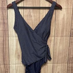 Gabar size 10 navy blue white dots swimsuit one piece wrap bow