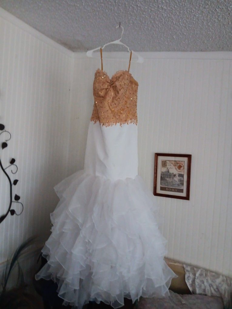 Gold Beaded White Satin & Tuelle Formal Wedding/Ball/Prom Dress