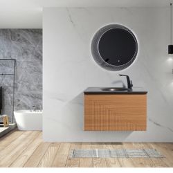 Simon 30" Dark Walnut Wall Mount Vanity With A Integrated Black Sink FORONE