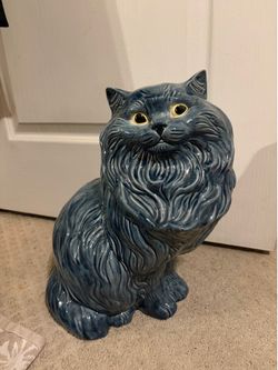 Vintage 1970s Kitsch Ceramic Persian Cat Figurine – Flawless Glossy Blue Glaze