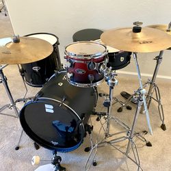 Compact drum set 18” bass 13” snare snare 10”PDP FS birch tom DDRUM Diablo 15” floor Tama hihat PDP throne bass pedal Zildjian cymbals & all stands $4