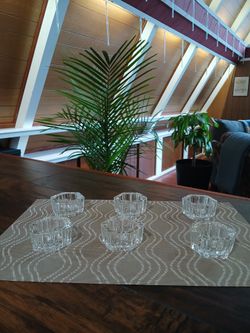 Set of 6 Vintage Hexagon Clear Cut Glass Candle Holders (Tea Light / Votive)