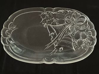 Glass holiday serving platter in the Holiday Bells pattern by Mikasa.