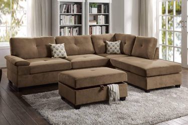 TRUFFLE WAFFLE SUEDE REVERSIBLE SECTIONAL CHAISE SOFA STORAGE OTTOMAN