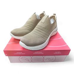 Size 12 - Easy Spirit Women's Gea Slip-On Sneakers, Lightweight Fabric Upper, Cushioned Footbed with Arch Support, Tan, Medium Width, Flat Platform He